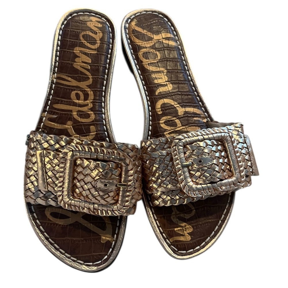 Sam Edelman Woven Slide Sandals Size 7 Metallic Gold Boho Style Resort Wear
